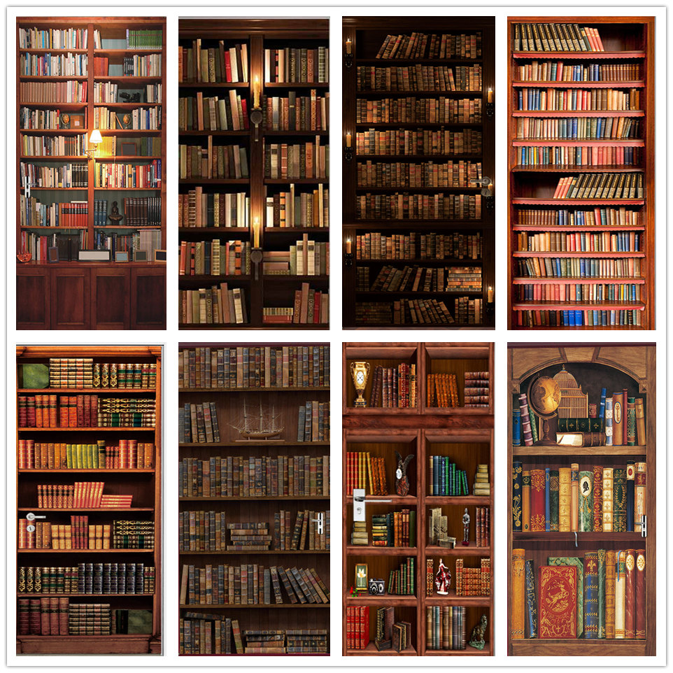Home Office Bookshelves - 3D Door Wallpaper PVC Library Bookshelf