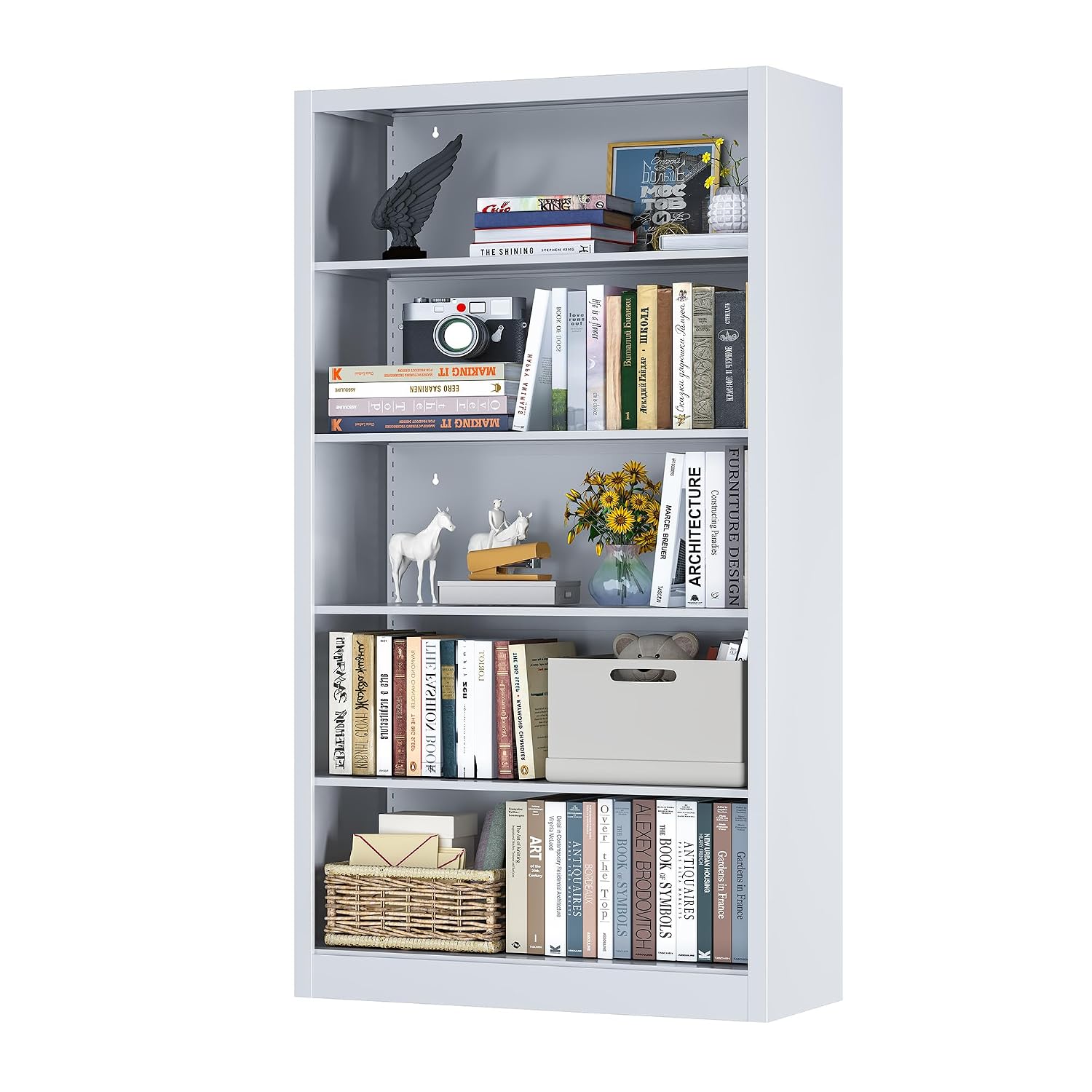 Home Office And Library - 5-Shelf Metal Bookcase Adjustable Storage for