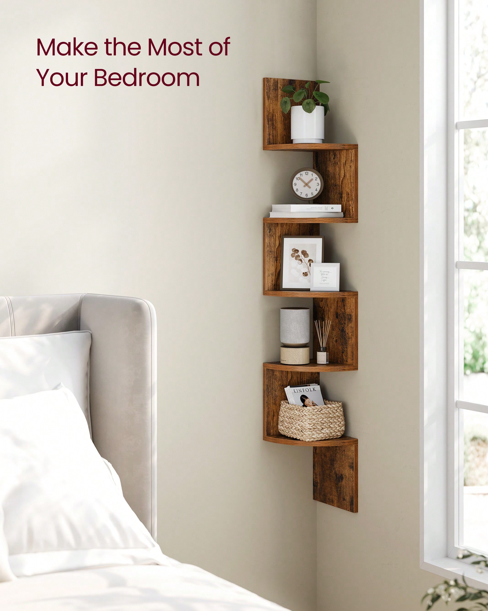 Home Office Bookshelves - Corner Floating Shelf 5 Tier, Wall
